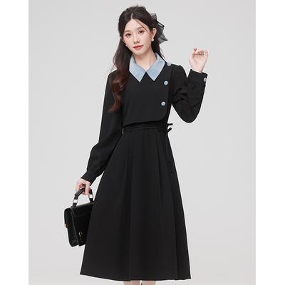 Autumn and Winter Literary and Artistic Contrasting Color Splicing Fake Two-piece Waist Medium and Long-sleeved Dress