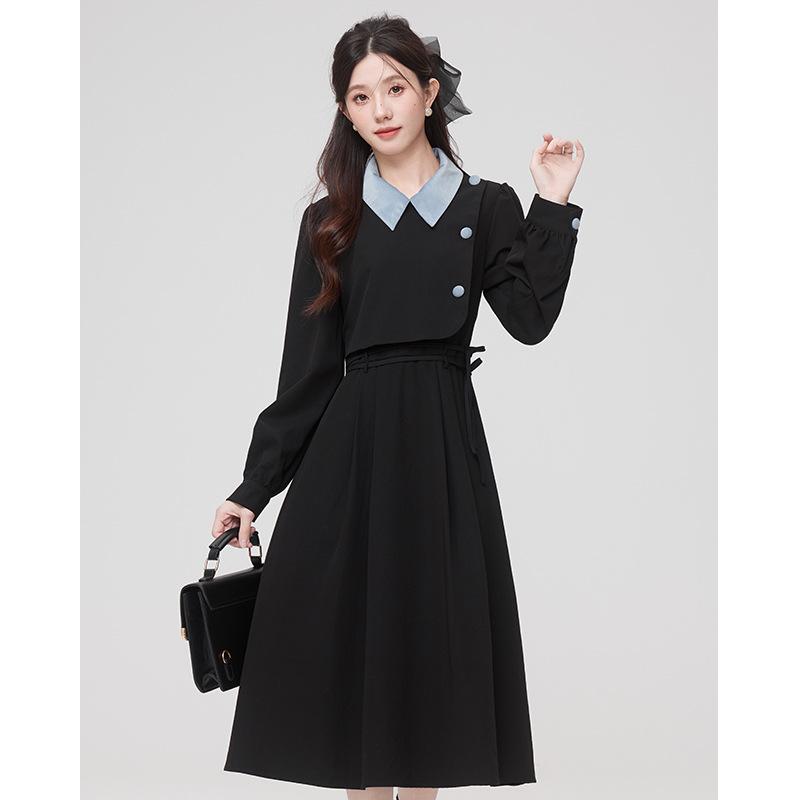 

Осенне-зимнее литературное и художественное контрастное цветное сращивание, платье миди с длинным рукавом, имитация двух частей на талии L чёрный