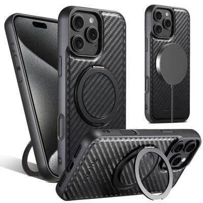 For 16 15 14 13 12 Pro Max Carbon Fiber Case, Compatible with Magnetic Built In Kickstand Shockproof Protective Cover