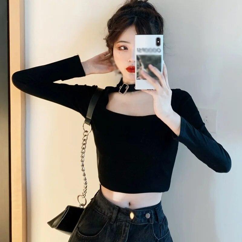 Women's Square Collar Slim Navel Exposed Long Sleeved T-shirt Tops