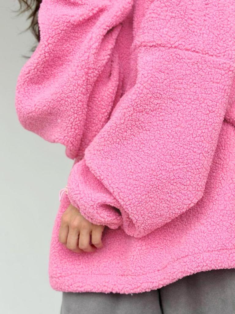 Trendy Pink Lambswool Stand-up Collar Sweatshirt - Loose Fit, Long Sleeve, Versatile for Autumn/Winter Fashion.