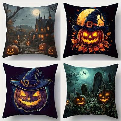 1PC Halloween Pillow Covers, Spooky Pumpkin Castle Bat Print Cushion Covers, Soft and Comfortable Square Pillowcase