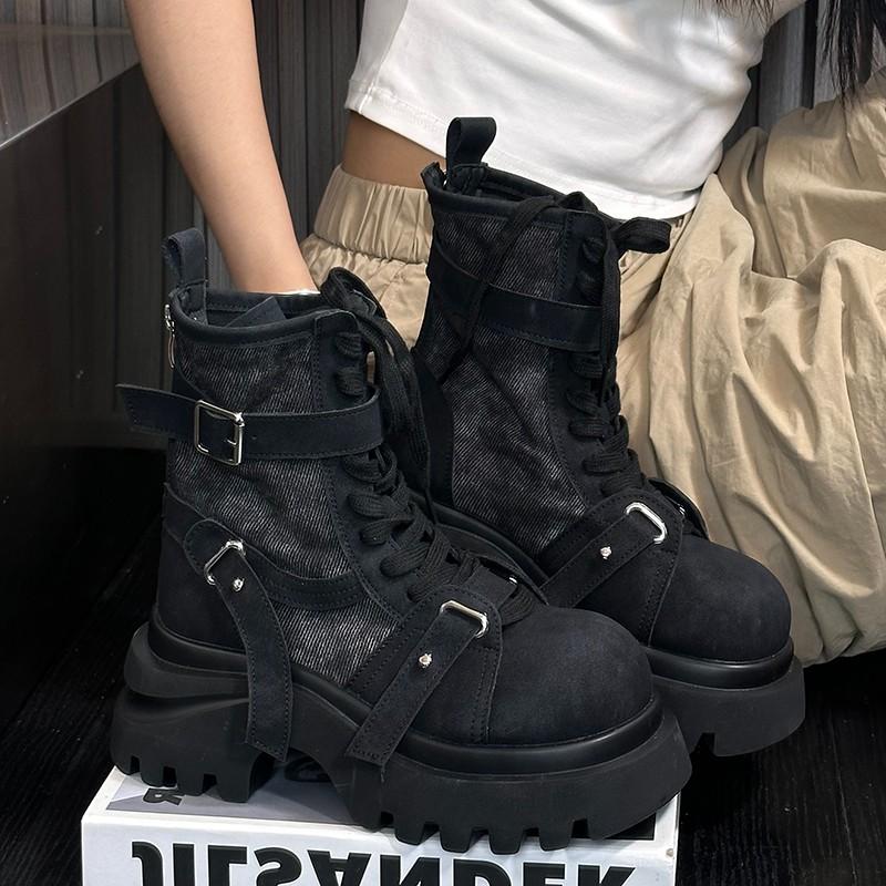 Fashion Big Head Trifle Platform Soled Women 2025 New Small Heightened Motorcycle Booties