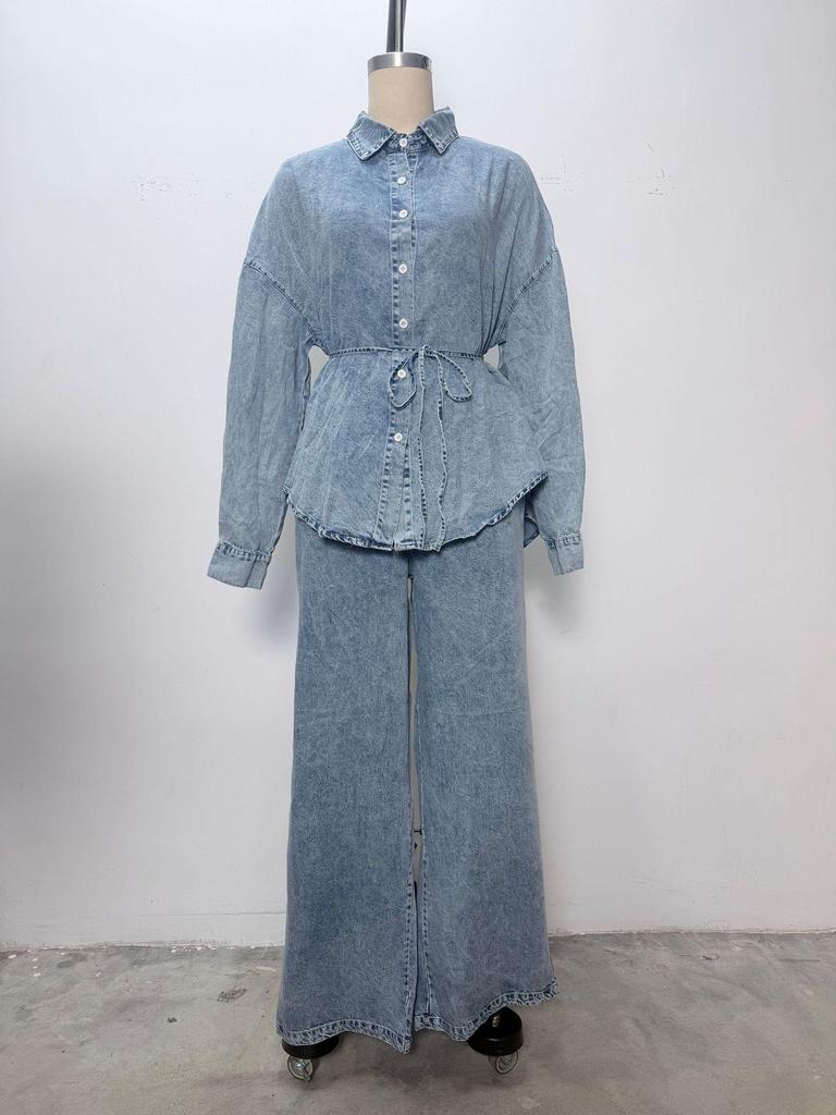 2025 Herbst/Winter Europäische & Amerikanische Mode: Damen Locker geschnittener Jeansmantel und Hemd mit Krawatte Set