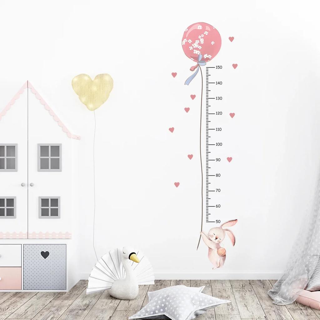 Cartoon Pink Bunny Balloon Height Wall Sticker for Kids Room Ruler Home Decor