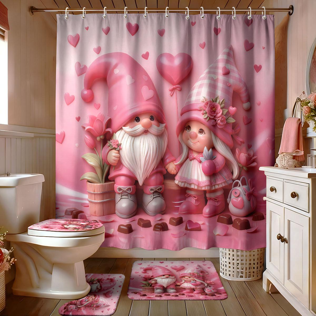 

4pcs Valentine s Day Happy Romantic Dwarf Printed Bathroom Set Waterproof Shower Curtain Floor Mat Toilet Mat U-Shaped Mat