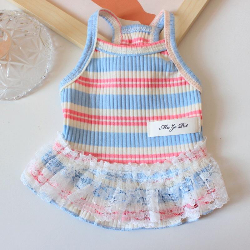 Puppy Summer Clothes Pet Outfit Lace Striped Dog Dress Cat Vest Chihuahua Bichon Yorkie Suspenders Skirt Cute Female Dog Tshirt