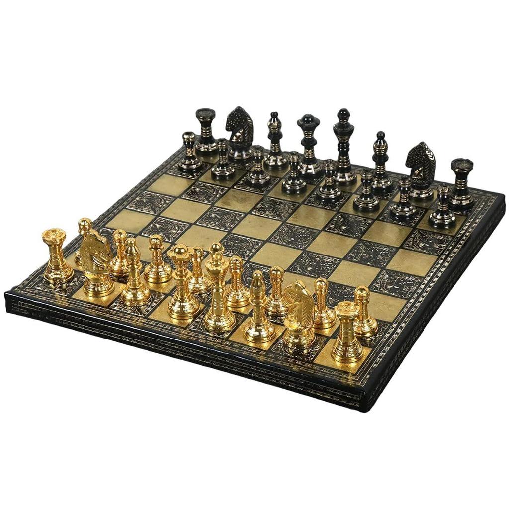 Brass Metal Chess Board Set With Velvet Storage Box-Hand Carved, Glossy Polish- Best For Home Decor & Gifting - Modern Classic Design (10X10 Inch)