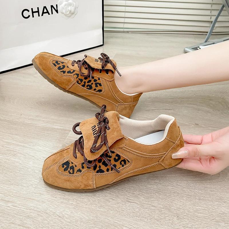 Women Sneakers 2024  Spring And Autumn New   Retro Leopard Print German Training Shoes Women Contrast Flat Casual Shoes Women