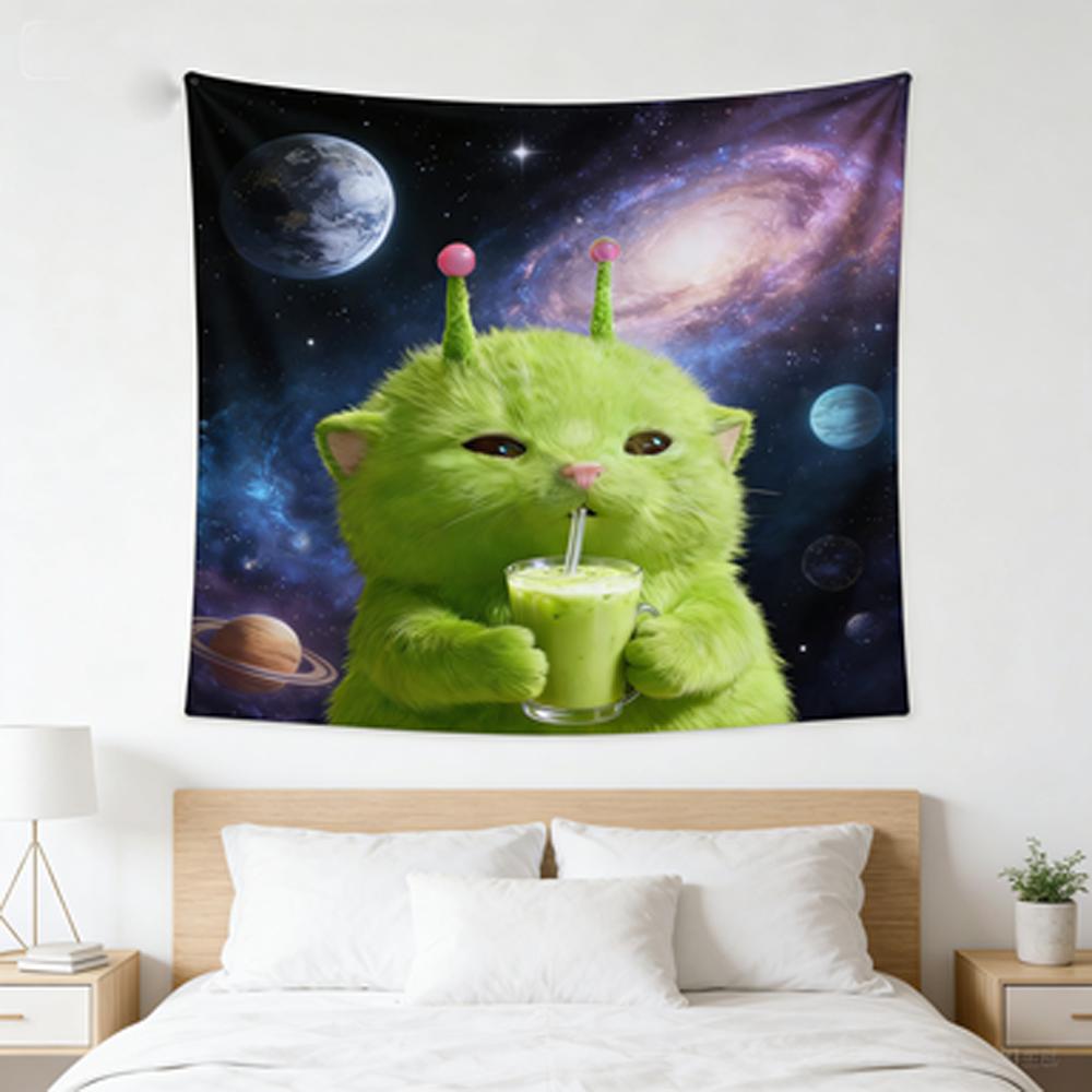 Kawaii Green Alien Cat Tapestry with Cosmic Galaxy Design Wall Hanging for Unique Aesthetic Room Decor