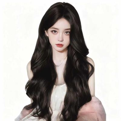 Tabobuii Wig, Long, Full, Curly, Black-Brown, with Air Bangs, Fashion Wig, Natural, Small Face, Heat-Resistant, with Net, for Women, Cosplay (Black-Br