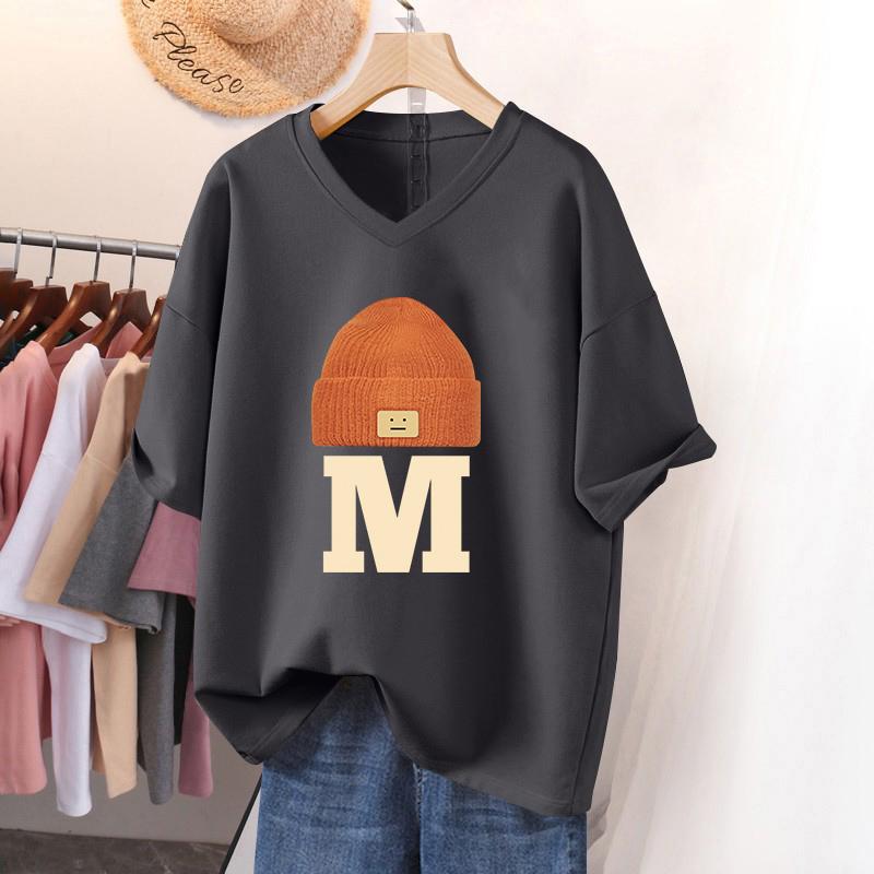 

Женская футболка с коротким рукавом, большого размера, свободного кроя, стройнящая, нишевая, топ из чистого хлопка с V-образным вырезом, закрывающий живот 5XL темно серый