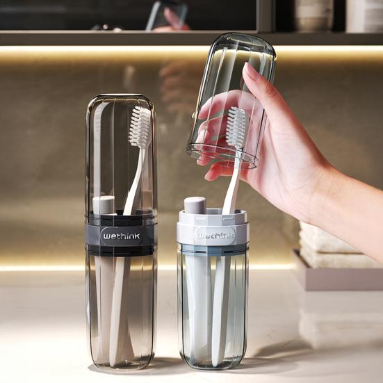 Toothbrush Storage Box Transparent Portable Travel Case with Leak-Proof Lid Integrated Mouthwash Cup Toothbrush