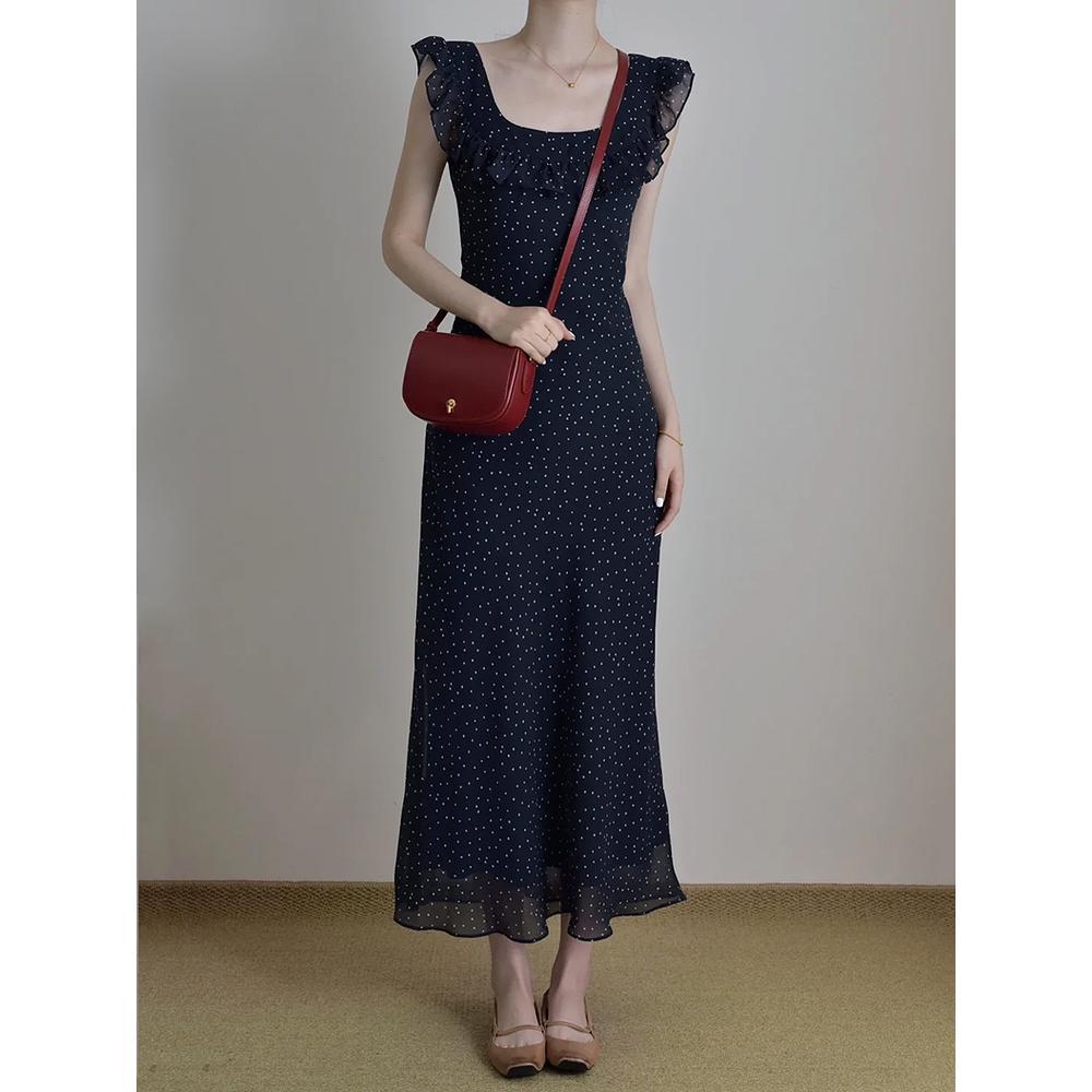 

Платье с краем листа лотоса, в мелкий синий горошек, с маленькими рукавами-крылышками, детское летнее, с юбкой по бедрам, универсальное цветочное платье-сарафан на бретельках XL- (recommended 110-60kg)