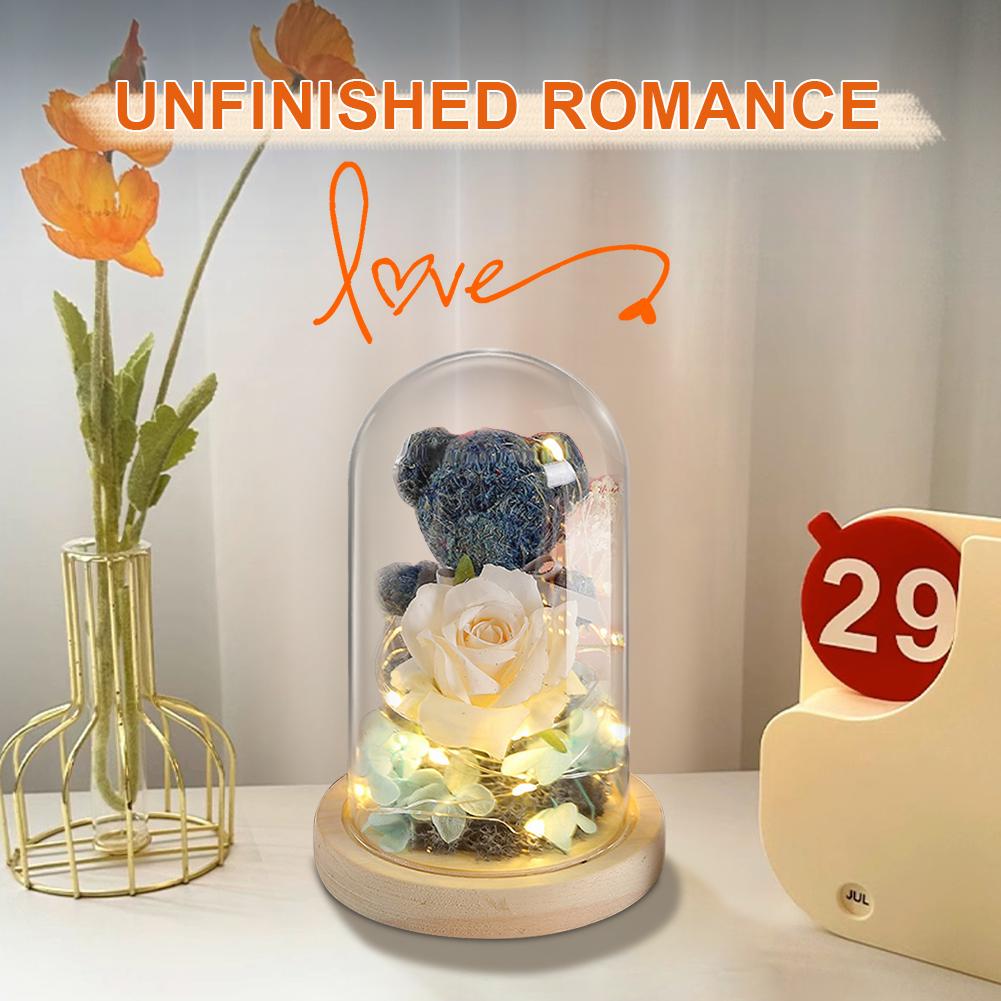 Rose Süßer Teddybär im Glas mit LED Niedlicher Bär Ewige Rose im Glas Konservierte Rosen Bären Geschenke für Freundin Liebhaber Geschenk