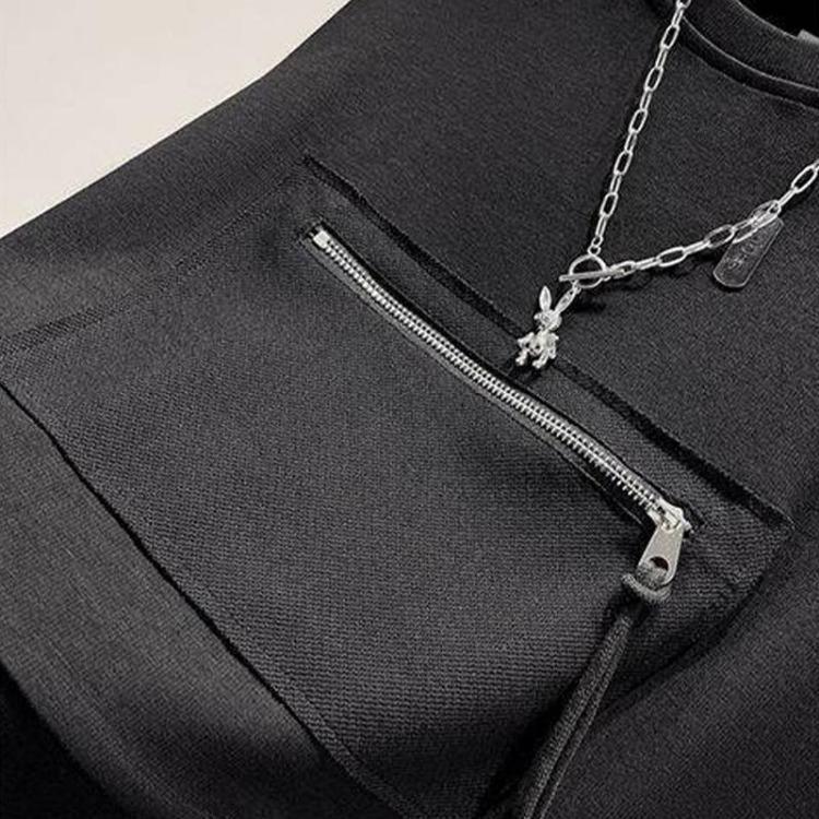 Women Loose Round Neck Long Sleeve Pullover Sweatshirt Top with Zipper Pocket Short