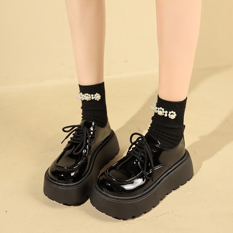 Autumn Solid Faux Leather Women Shoes Japanese Lace Up Mary Jane Shoes Simple Round Toe Students Thick Platform Pumps Leisure