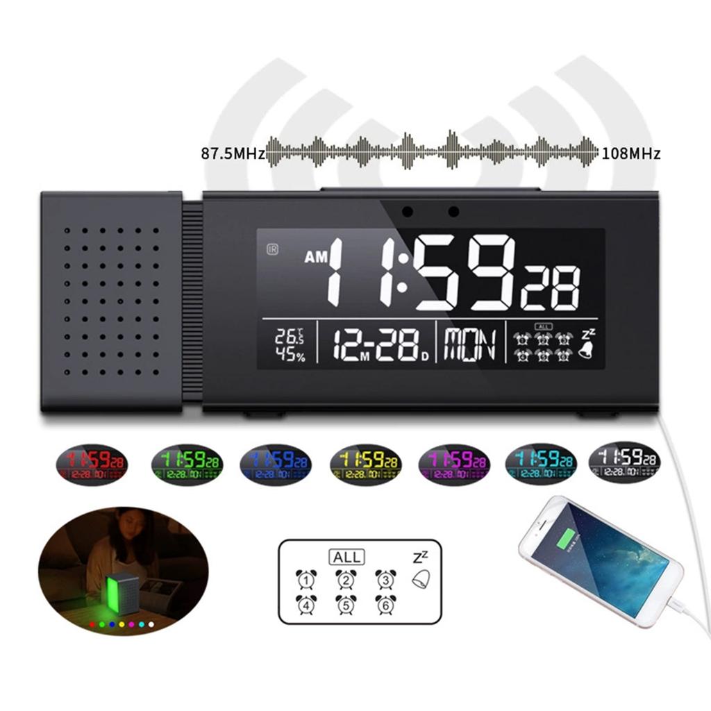 Digital Alarm Clock with Colorful Night Light, FM Radio, Date Week Temperature Humidity Display, 6 Alarms, Snooze, USB