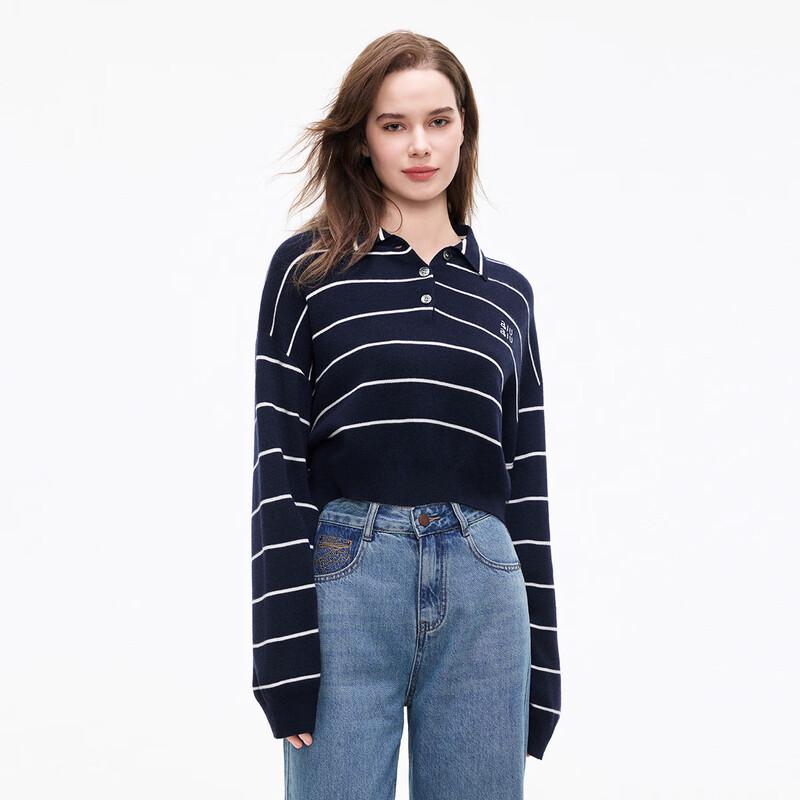 SheTu Women's Polo Collar Striped Knit Pullover