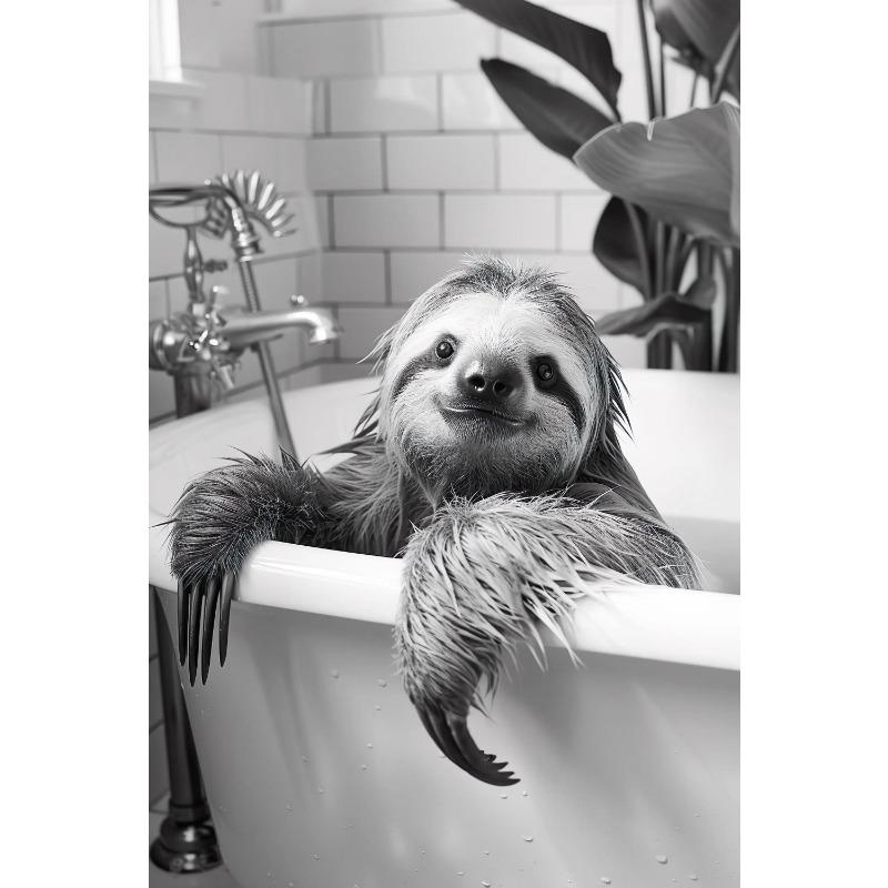 Black and White Cute Animal and Toilet Paper Poster Cat Hedgehog Sloth Canvas Painting Wall Art Bathroom Living Room Home Decor