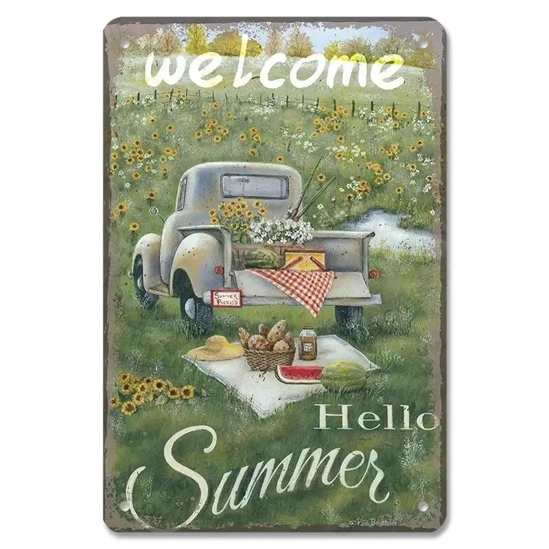 D Flat Metal Sign Vintage Welcome Garden Tin Sign Set Rustic Home Decor Butterfly Flower Watering Can Wall Art