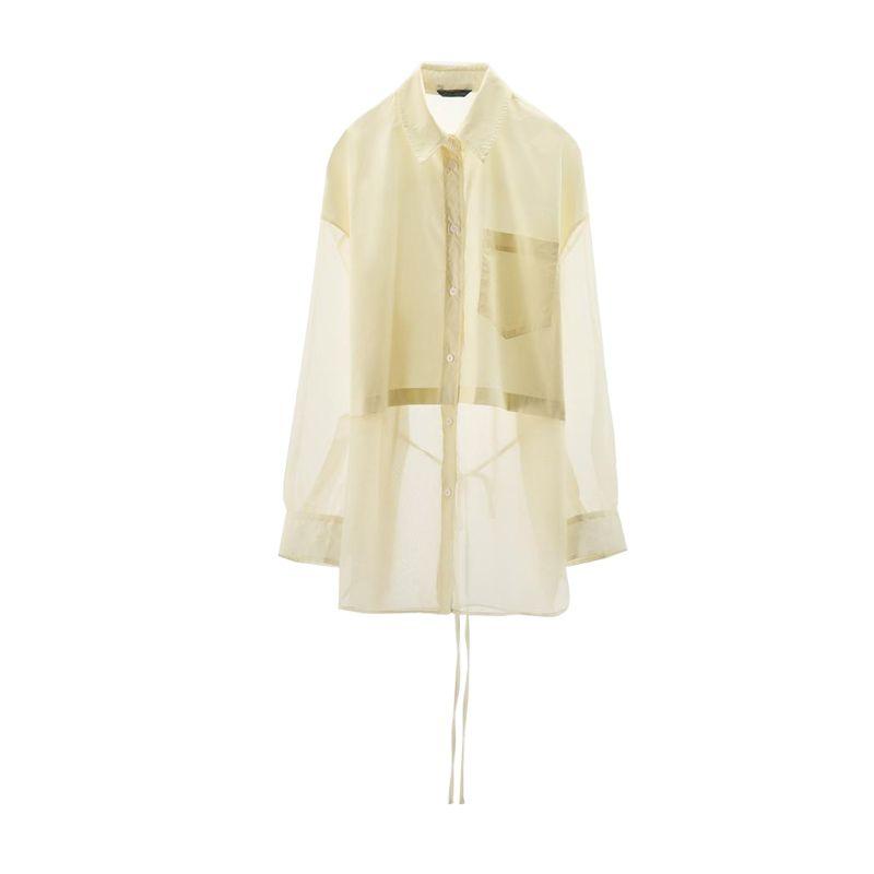 

Spring and Summer New Women s Clothing Minimalist Bowknot Decoration Transparent Organza Patchwork Lapel Loose Shirt 5063023 Pale yellow L