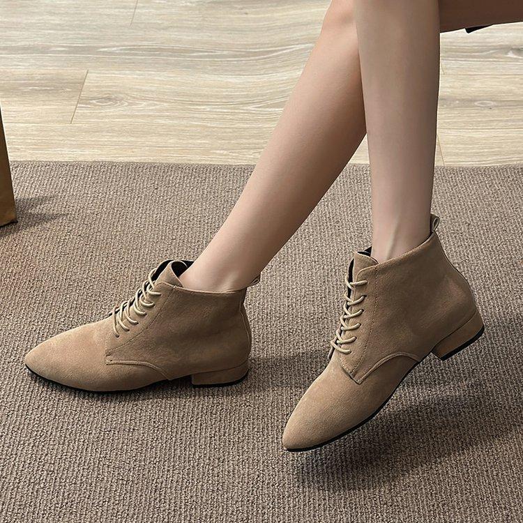

Large size women s boots autumn and winter British style small short boots solid color suede pointed lace-up square heel Martin boots 43