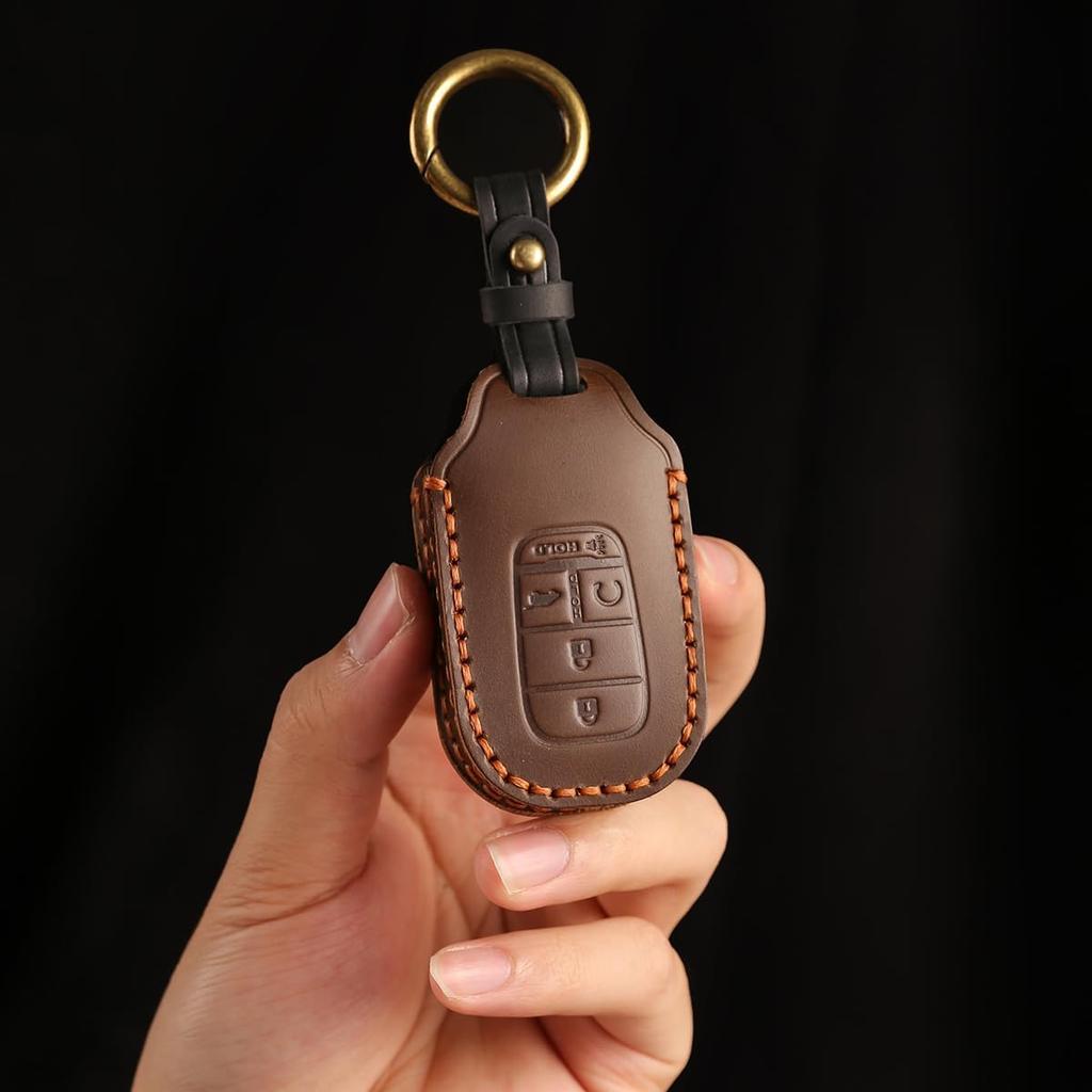 Vintage Leather 5-Button Key Fob Cover Case for Honda Civic Accord CRV HRV Pilot  2024 2025 2026, Handmade Crazy Horse Leather, Black