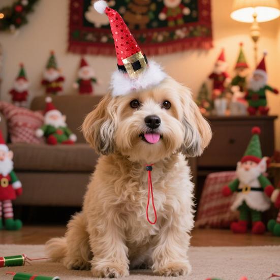 Vánoční čepice pro mazlíčky Kočky Červená vánoční čepice Čepice Santa s třpytivými puntíky pro kočky a psy Slavnostní převlek Fotografická rekvizita