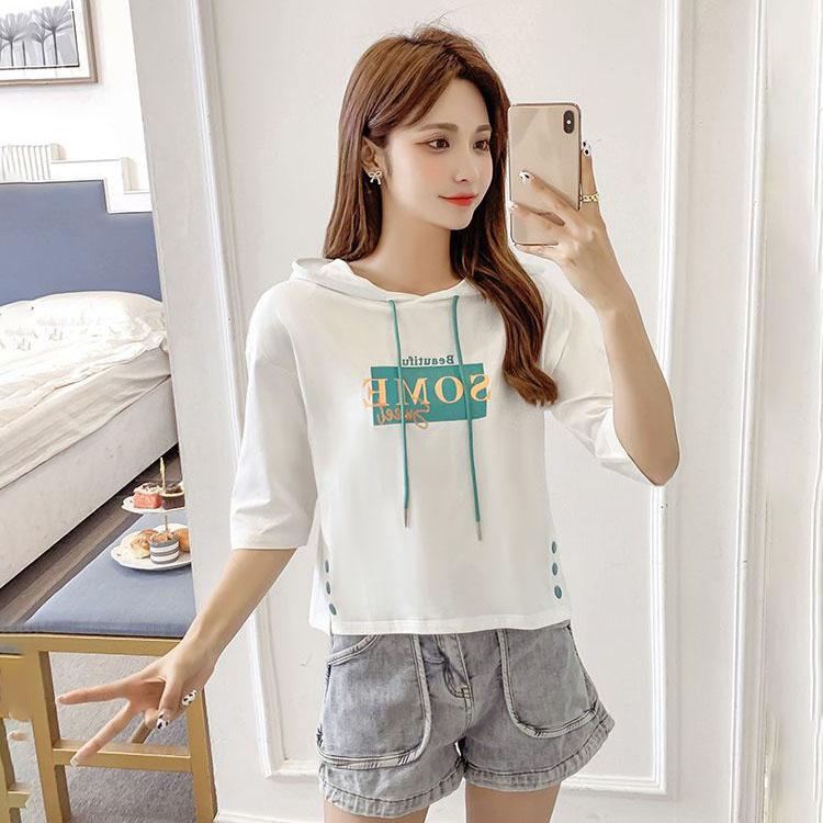 Short Sleeve 7 / 3 Sleeve Hooded Sweater Women's Middle Sleeve Spring and Summer Korean Loose Hooded Top