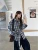 Women's Retro Korean Blue Plaid Tie-Waist Shirt - Long-Sleeve Top for Spring/Autumn 2026