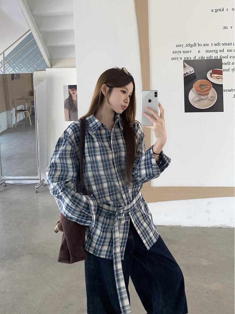 Women's Retro Korean Blue Plaid Tie-Waist Shirt - Long-Sleeve Top for Spring/Autumn 2026