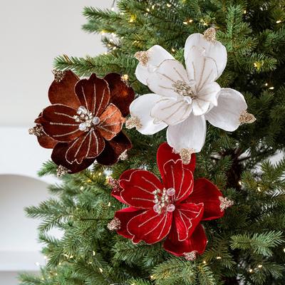 1PC Christmas Artificial Flower 22cm Fabric Sticky Pink Sequins Imitation Magnolia Flower Living Room Decoration Christmas Decoration Small Gift