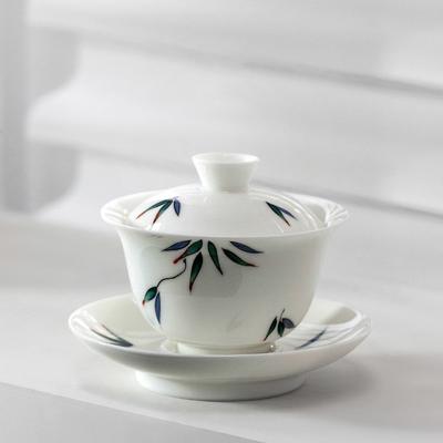 110ml Chinese White Porcelain Gaiwan Handmade Bamboo Leaf Pattern Ceramic Tea Tureen Travel Portable Tea Bowl Household Tea Set