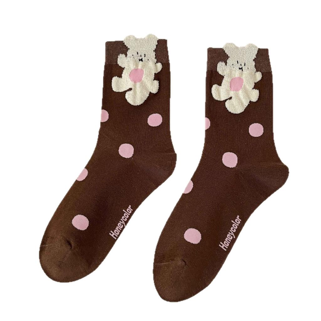 Boneless Socks Medium Tube Socks Flocked Cotton Socks Monsoon Cute Cartoon Bear Sweat-Absorbing Stockings