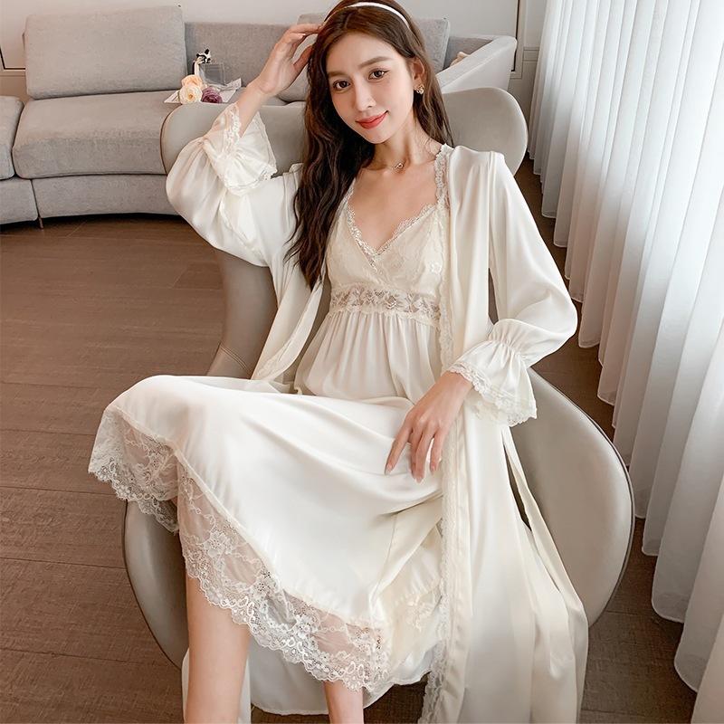 Neuer französischer reiner Wunsch-Wind-Pyjama mit Brustpolstern für Damen, langärmelig, Netzgarn, durchbrochene Träger, Schlaf + Herbstanzug, Loungewear