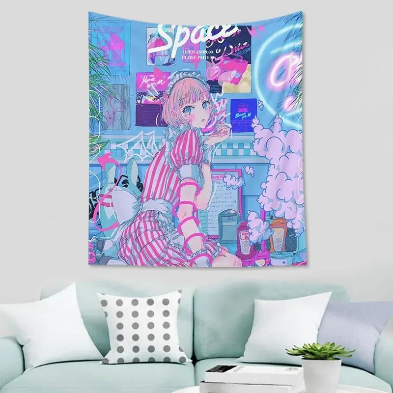 Cartoon Internet Addicted Girl Hanging Cloth Office Living Room Tapestry Home Wall Decoration Tapestry