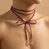 Retro Red Velvet Long Bowknot Necklaces for Women Ladies Gold Color Portrait Coin Pendant Necklaces Sweater Chains Jewelry Gift