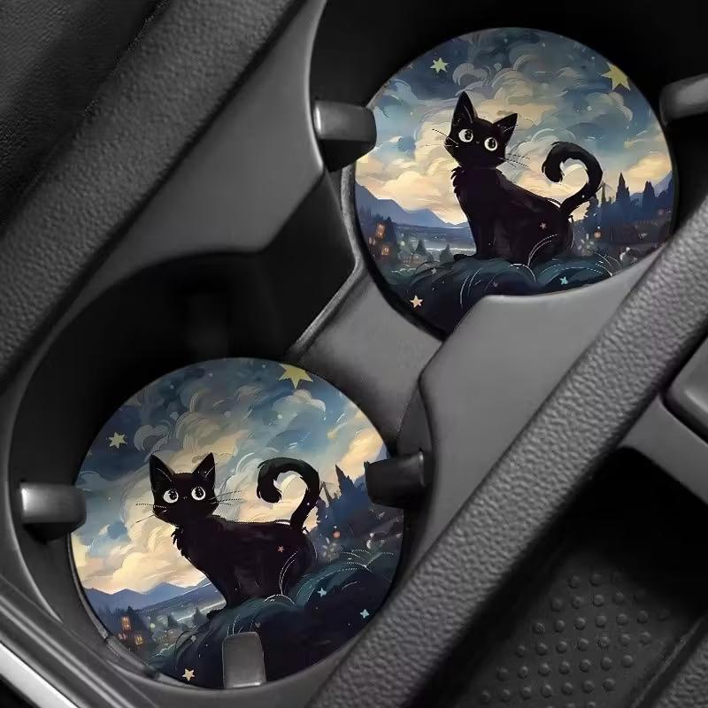 2pcs Car Cup Mat - Charming Cat Pattern, Non Slip Universal Cup Holder Pad, Car Interior Accessories