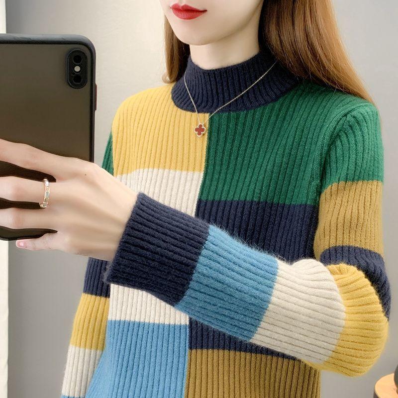 Fall Winter Women's Crew Neck Sweater Loose Contrast Knit Sweater Long Sleeve Pullover Knit Jumper Top