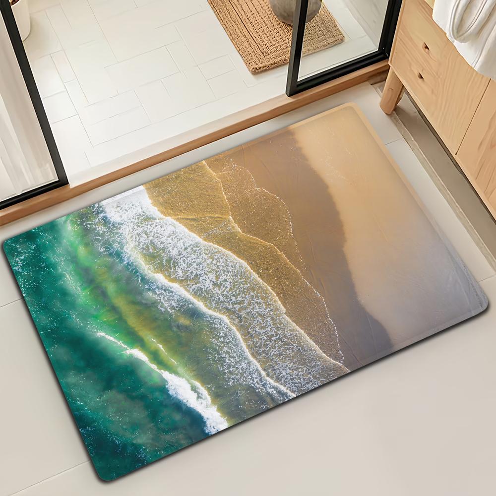 

Ocean Spring Beach Wave Summer Door Mat Bath Microfiber Decorative Versatile Flannel Floor Mat Quick Dry Absorbent Non-slip Sole 40cm x 60cm