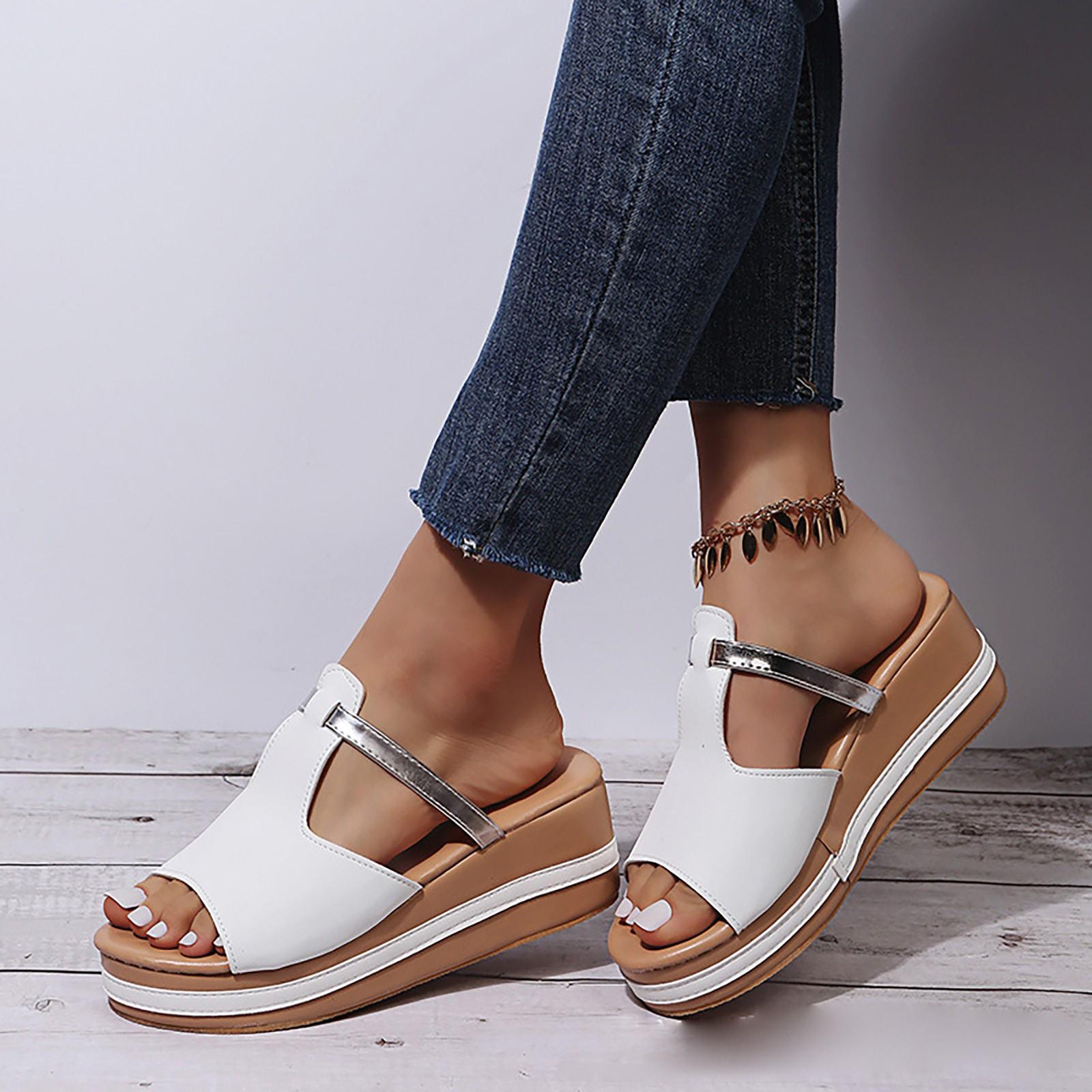 

Женские тапочки на танкетке, однотонные сандалии на толстой подошве с рыбным ртом 43 белый