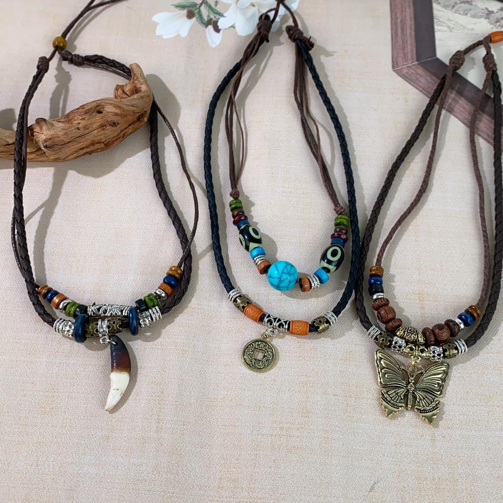 Wood Bead Beaded Butterfly Pendant Double Necklace Retro Ethnic Style Clavicle Chain Fashion Necklace Accessories Niche Design
