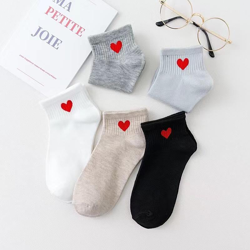 5Pairs Socks Cotton Short Socks Harajuku Novelty Love Heart Pattern Socks Hip Hop Solid Color Cute Socks Black White Sokken Soks