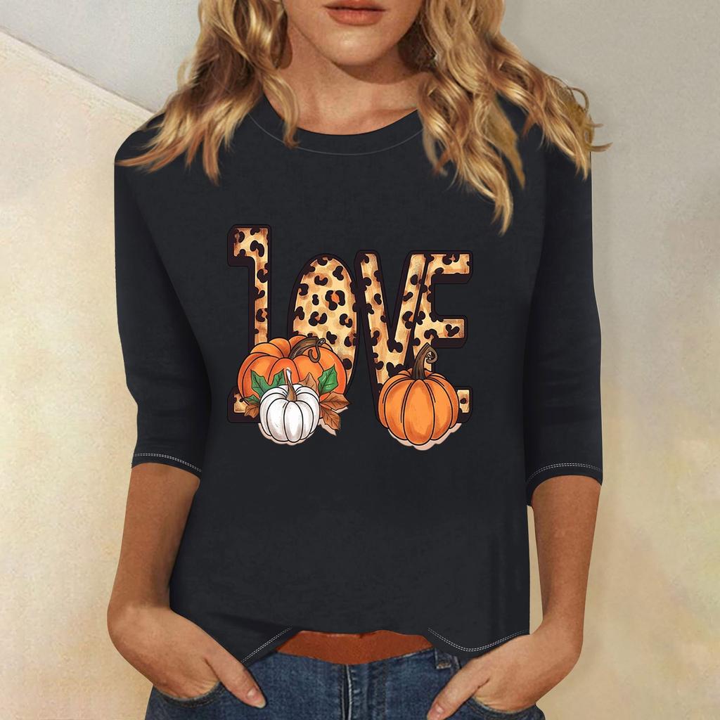 Dámské módní ležérní top s tříčtvrtečním rukávem a halloweenským potiskem, kulatý výstřih