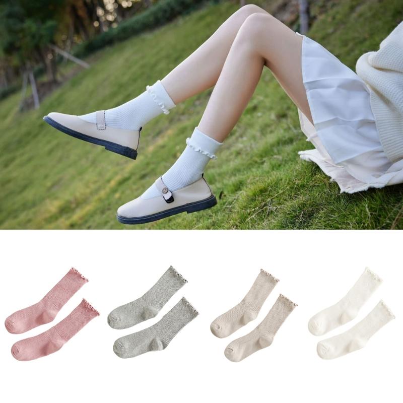 Ruffle Ankle Socks for Women Cotton Soft Solid Color Ribbed Knitted Lettuces Edge Low Cut Middle Tube Frilly Crew Socks