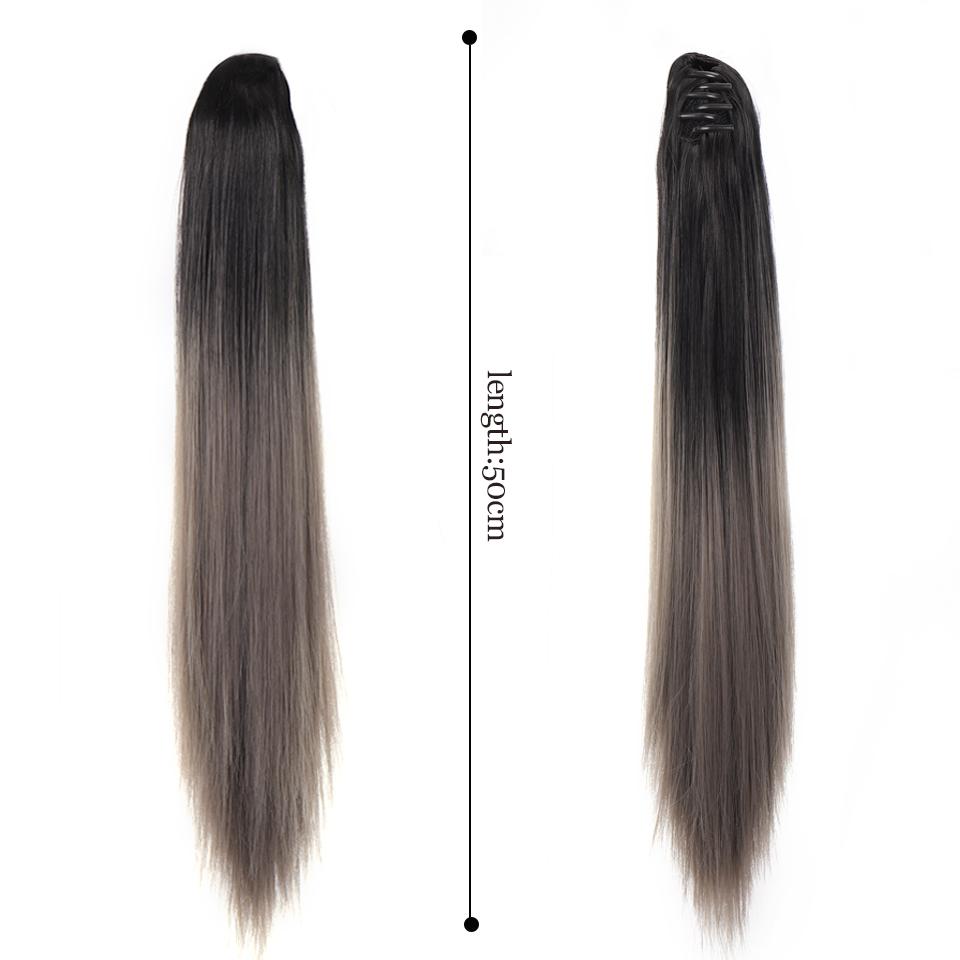 Extension de Cheveux Synthétiques Longs Lisses à Pince Queue de Cheval 22 Pouces Noir Mèches Bleues Grises Postiche Queue de Cheval Perruque Pour Femmes