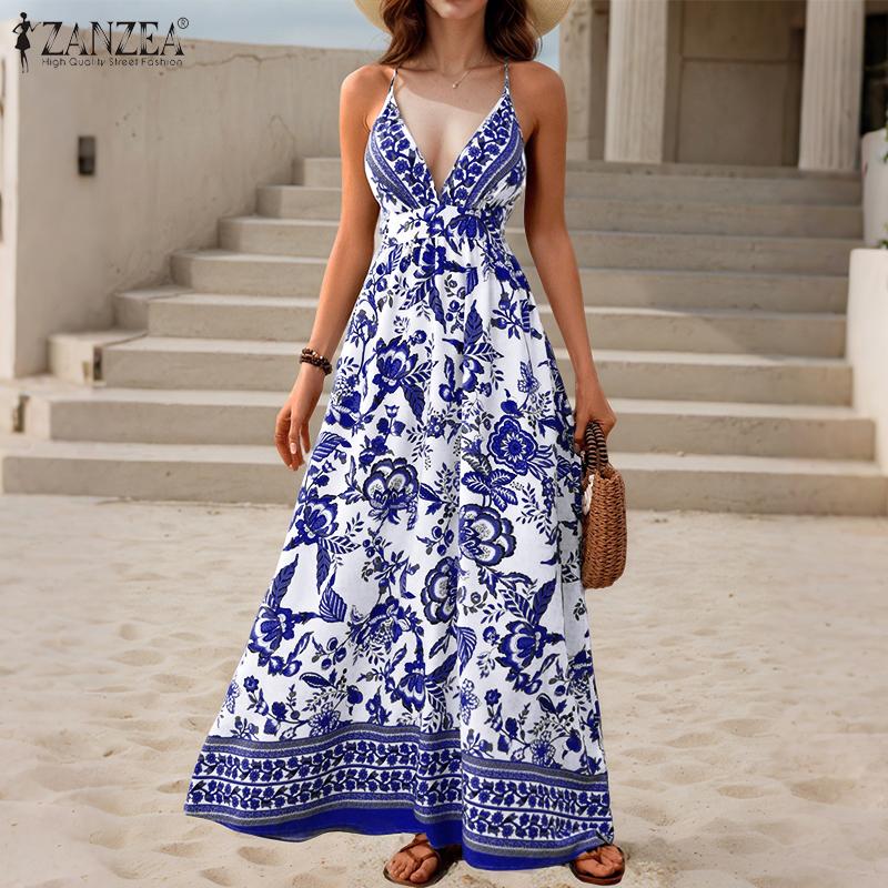 ZANZEA Women Summer Bohemian Print Casual V-Neck Sleeveless Straps Dress