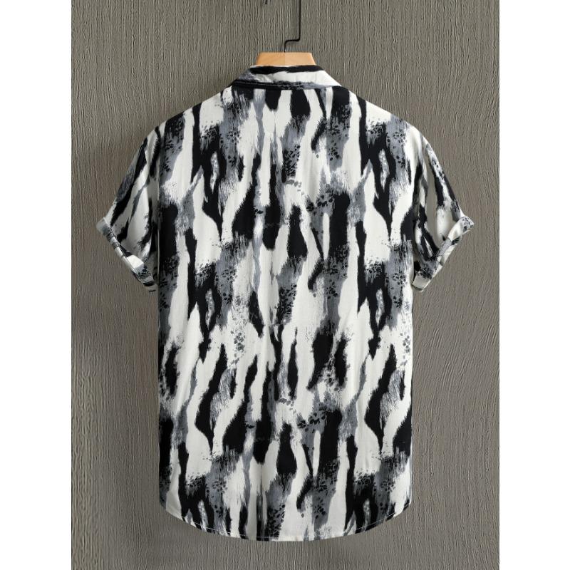 Men Ink Wash Abstract Print Turn Down Collar Short Sleeve Casual Button Up Shirt