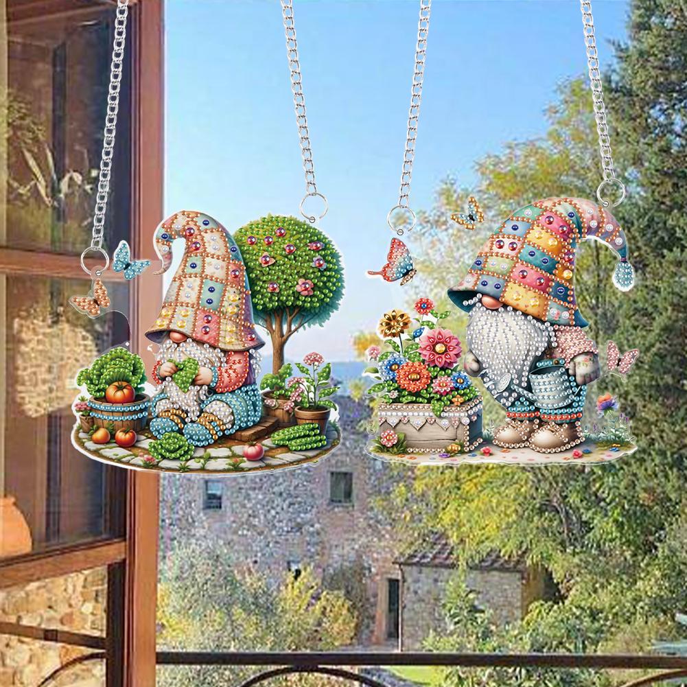 2pcs Gnome 2D Flat DIY Special Shape Hanging Diamond Art Kits Diamond Painting Set Wall Decor for Home & Windows